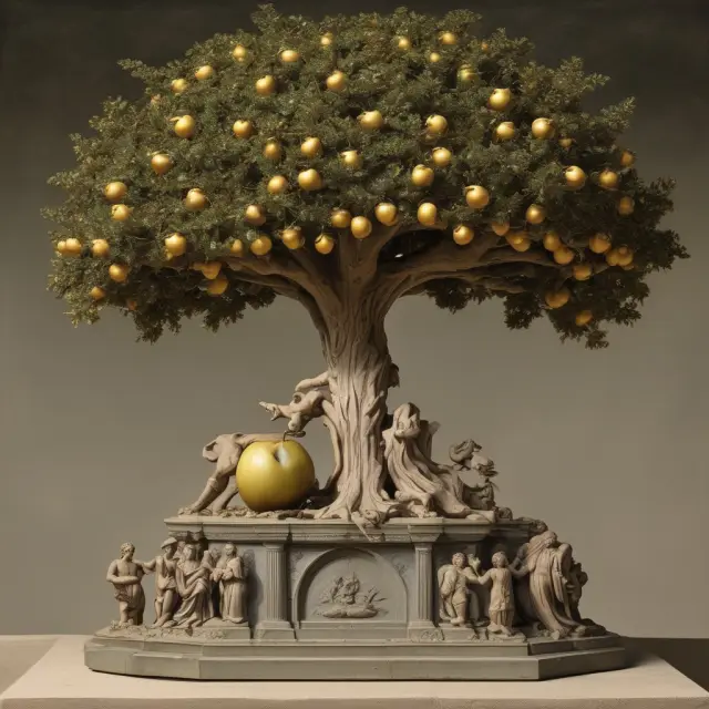 An apple tree with cherubs protecting golden apples symbolizing possessions and children. A strong base made of trusts.