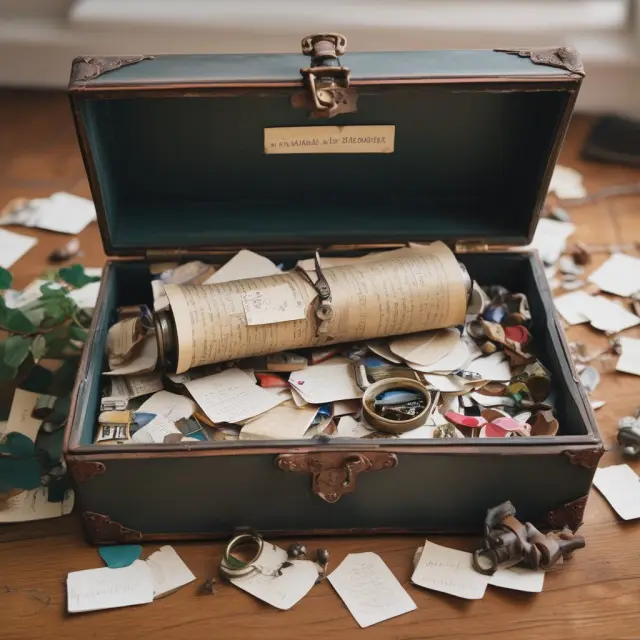 Image: A rustic wooden time capsule overflowing with old love letters, an open book representing a will, and various keys signifying accessibility and execution.