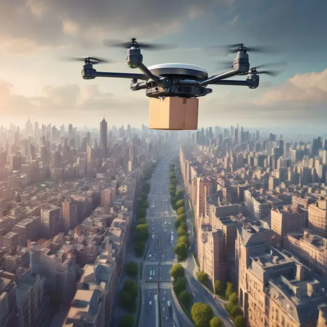 An image of a drone releasing parcels over a futuristic cityscape filled with autonomous vehicles, illustrating technological advancements in last mile logistics.