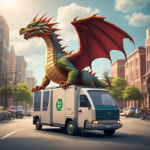 An eco-friendly dragon delivering solar panels and electric vehicles, emphasizing the importance of green solutions in last mile logistics.