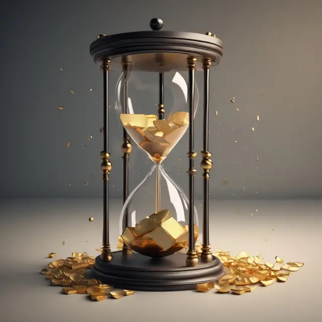 Image of an expiring clock with gold bars falling from its hands and a nearby hourglass representing the last trading day in futures contracts