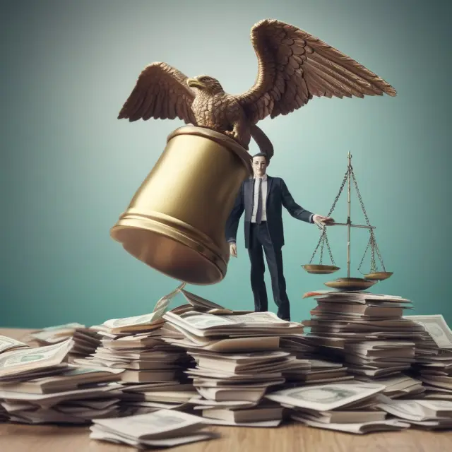 A determined consumer standing before a towering pile of late fee notices, reaching out for guidance from the Consumer Financial Protection Bureau (CFPB).