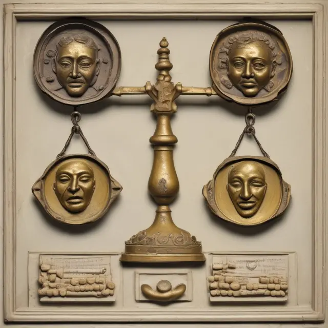 A balance scale with gold coins (payments) against debtor masks (late fees)