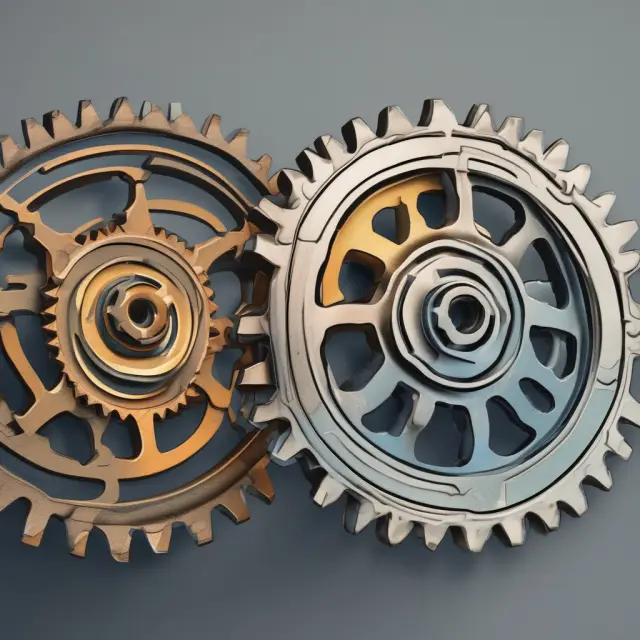 Two gears symbolizing the law of diminishing marginal productivity. One gear (input) spins constantly while the other (output) yields smaller increases in rotation as more effort is applied.