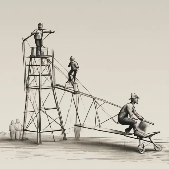 Seesaw illustrating the concept of diminishing marginal productivity, with one side representing labor inputs and the other side production outputs.