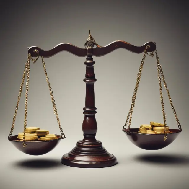 Scales balanced with identical assets represent the law of one price guiding global markets