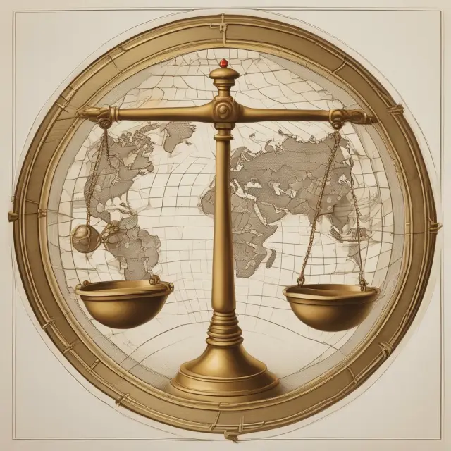 A group of scales representing global markets balanced by the golden rule of one price