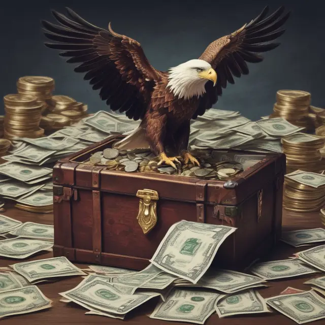 An eagle holding a treasure chest with paper money and coins, representing lawful money and legal tender for informed financial decision making