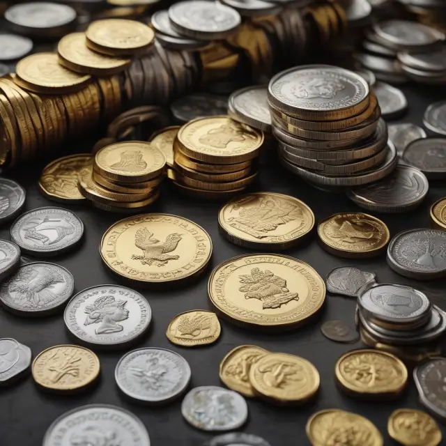 Gold and silver coins collection on a table, illustrating investment in tangible assets