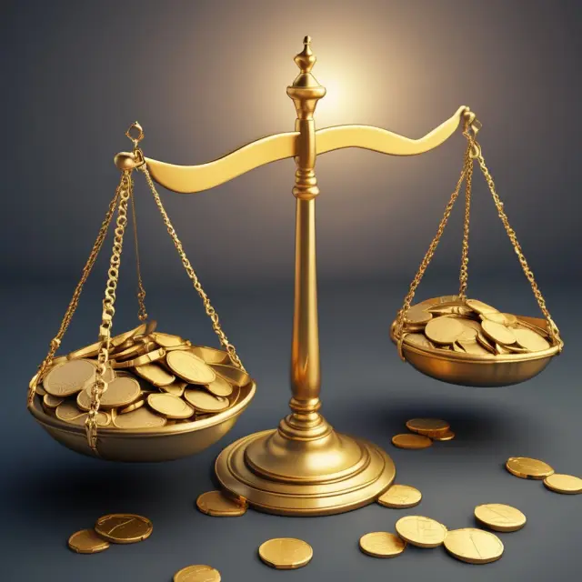 Golden scales weighing lawful money coins, bars, and notes, emphasizing their importance for institutional investors
