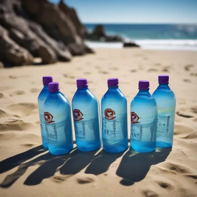 A castaway on a deserted island prioritizing needs with six water bottles: quenching thirst, bathing, cooking, washing clothes and growing a plant.