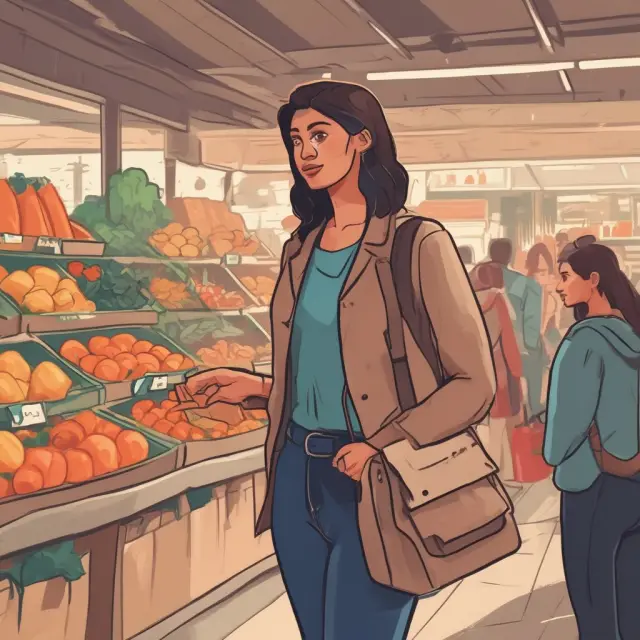A person holding money stands in a bustling marketplace with options for various goods. Some products are labeled as income-affected, substitutes, or complements.