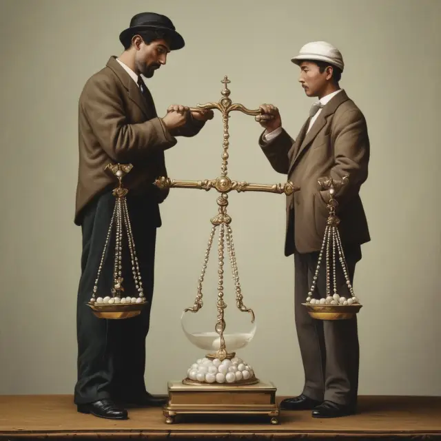 Man holding scales with pearls representing demand and prices for goods or services