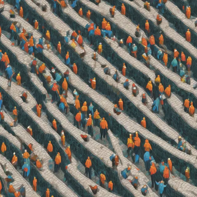 A visualization of the concept of diminishing marginal returns in economics, represented by an optimally staffed factory and diminishing laborer contributions.