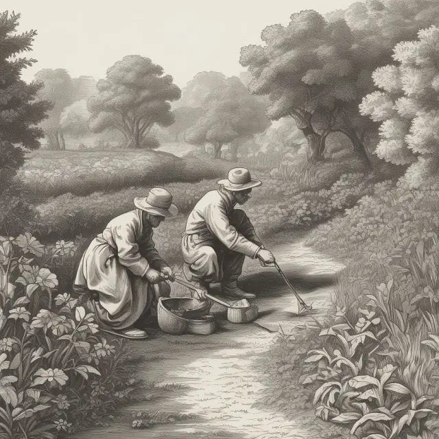 Classical economists depicted as gardeners tilling the land, illustrating their contributions to the understanding of diminishing marginal returns