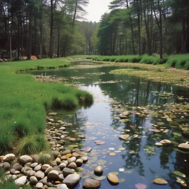 A calm pond disrupted by falling pebbles symbolizing limitations and criticisms to the law of diminishing marginal returns in economic theory.