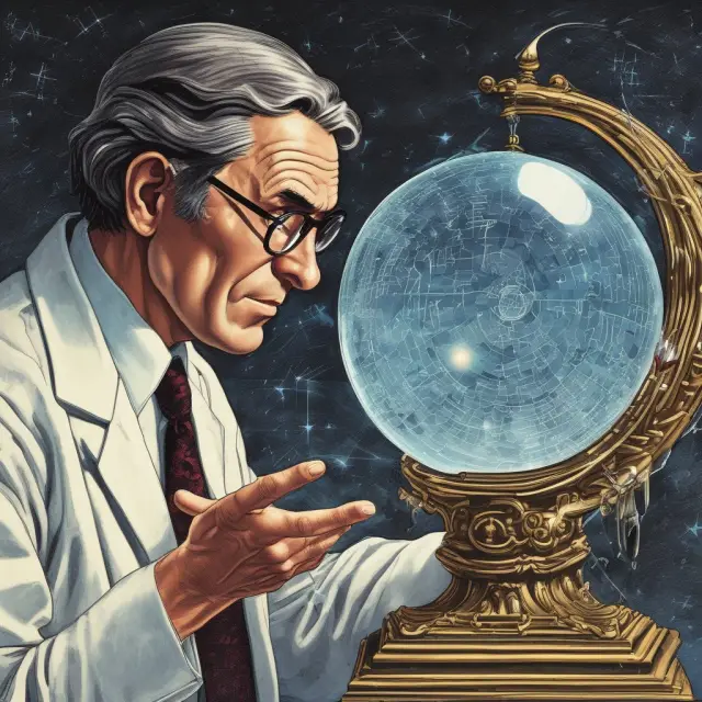 Scientist analyzing diminishing marginal returns in economic data using a crystal ball