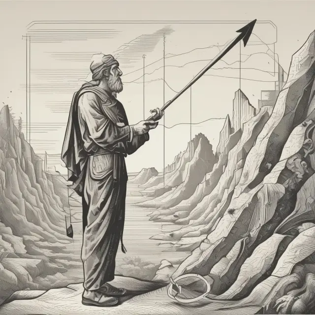 A wise economist observing arrows descending from a peak, representing diminishing marginal returns
