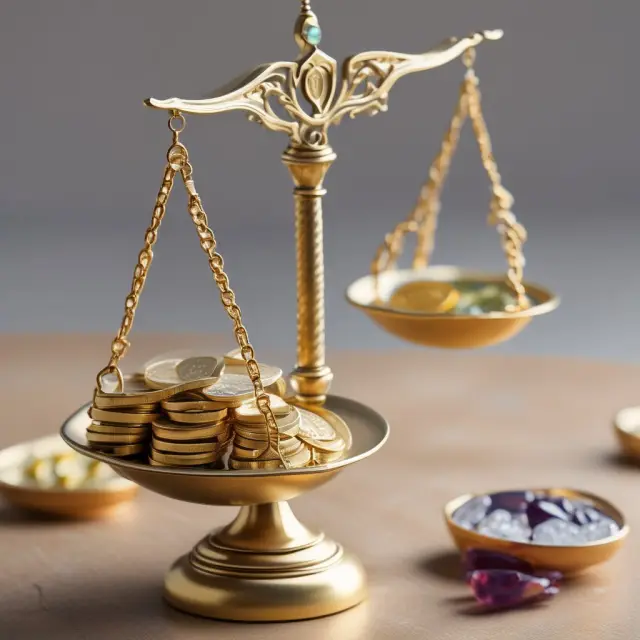 Golden scale balancing coins and gems symbolizing risk and return in portfolio management
