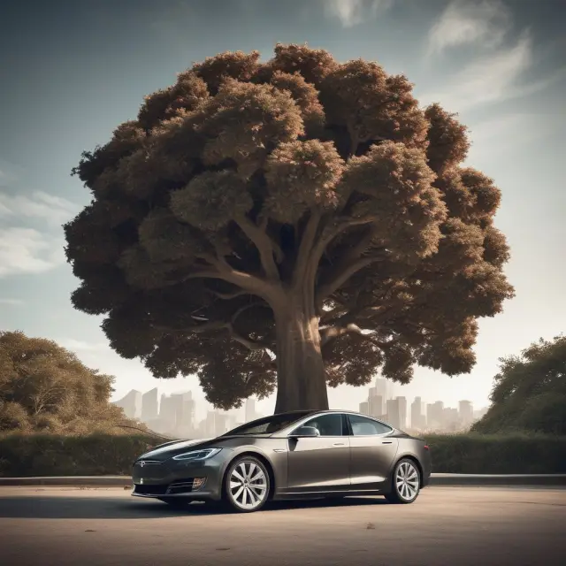 A giant Tesla Model S morphs into a colossal tree as it grows from an acorn, illustrating business expansion and the challenges of maintaining high growth rates