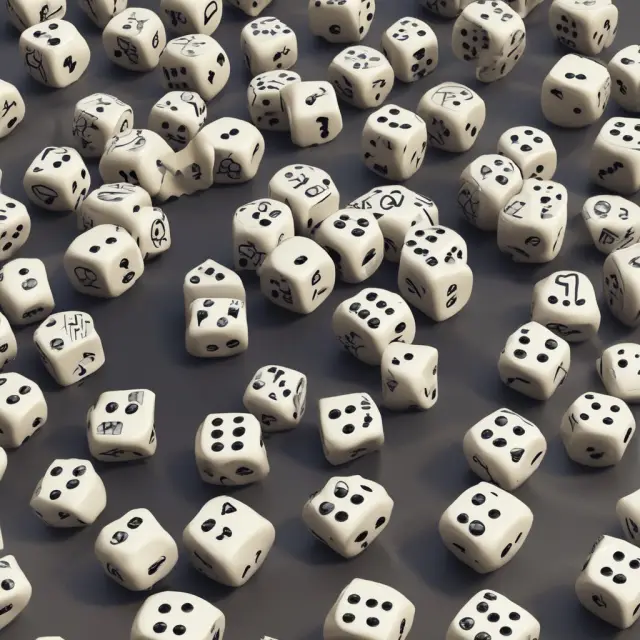 A hat filled with dice, representing various risks, and an insurer examining them, illustrating risk assessment with the law of large numbers