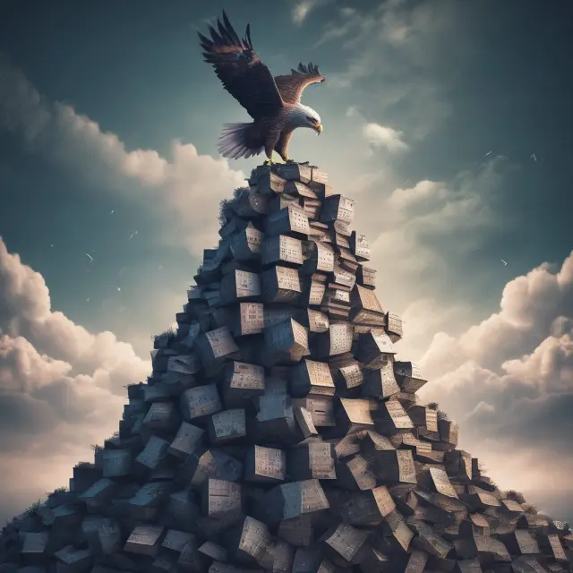 Researcher atop a towering mountain of data blocks, illustrating the challenges and rewards of handling extensive datasets