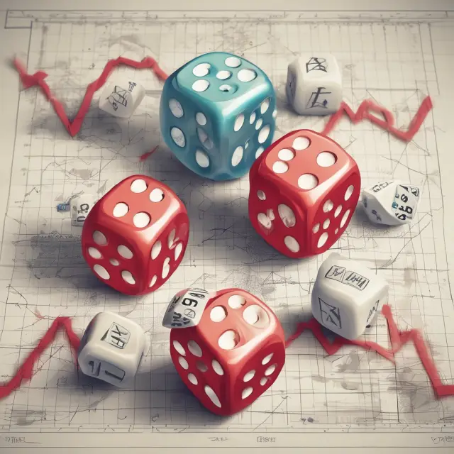 A large set of dice rolling over graphs and charts, illustrating the influence of Law of Large Numbers on economics