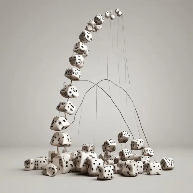 Dice representing data points tumble towards a bell curve, illustrating the concept of the law of large numbers.