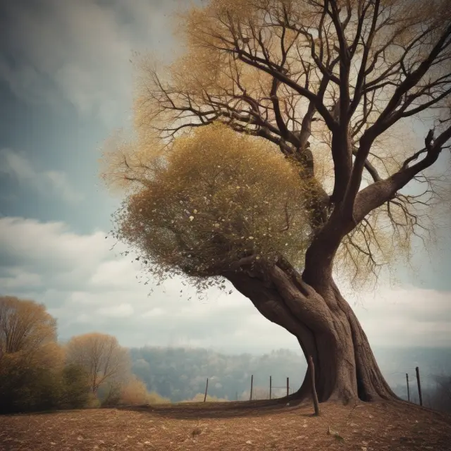 An image depicting a tree losing its leaves as metaphor for layoffs, with employees represented as leaves falling to the ground