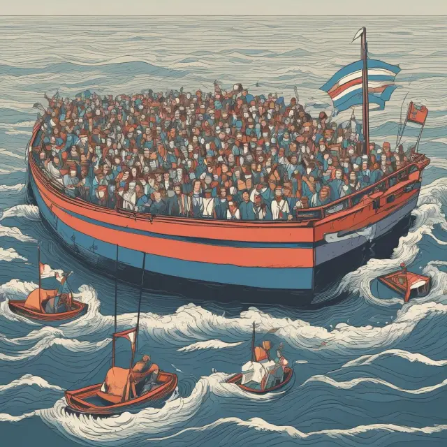 An image featuring a corporation releasing a wave of employees into turbulent waters, illustrating the emotional, productivity, and economic impacts of mass layoffs.