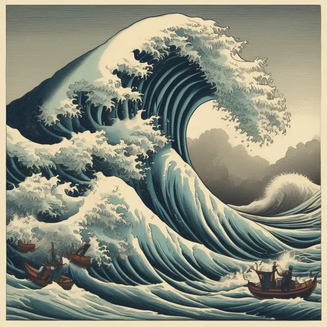 A giant wave carrying away workers on a dock represents the impact of economic downturns leading to mass layoffs