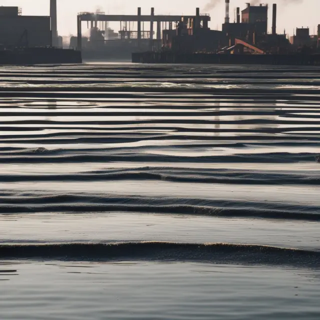 A factory slowly sinking in a body of water with ripples spreading across the surface, symbolizing the far-reaching impacts of layoffs on workers, employers, and communities