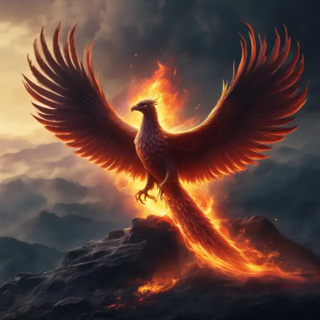 Phoenix rising from unemployment benefits and job search documents, illustrating overcoming the challenges of a layoff