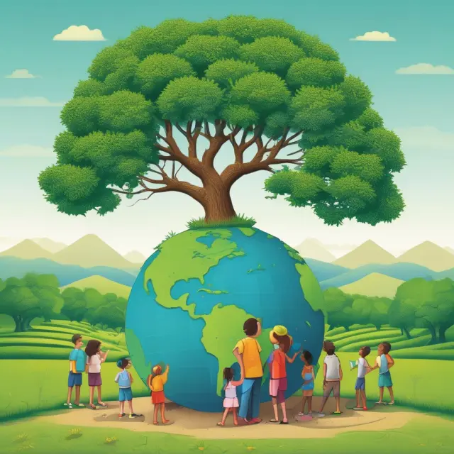 An image featuring a globe with lush green fields for agriculture, children studying under a tree for education, and intertwined hands symbolizing gender equality.