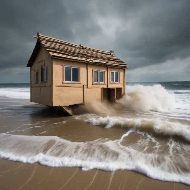 A fragile house on sand, with waves crashing nearby, representing LDCs facing external shocks and structural challenges.