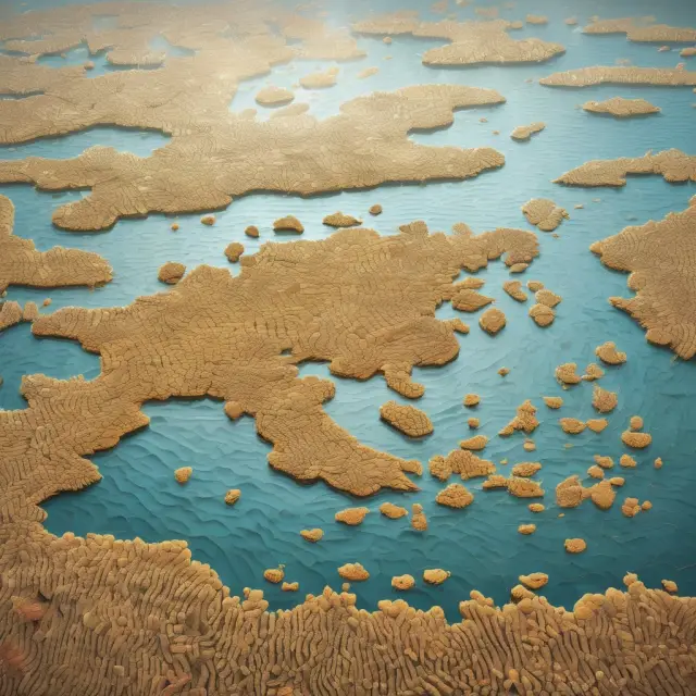 Map illustrating forty-seven least-developed countries as golden seeds growing on a vast, uncertain sea, emphasizing their unique development challenges and potential.