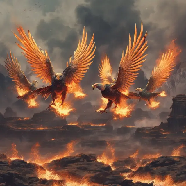 Five phoenixes emerging from flames, representing Bhutan, Kiribati, São Tomé and Príncipe, Solomon Islands, and Angola