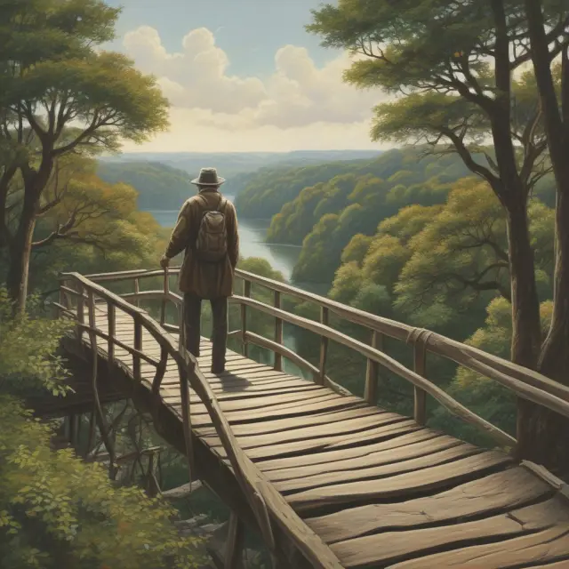 A retiree stands on a bridge made of bond ladders, crossing towards a stable income stream in old age