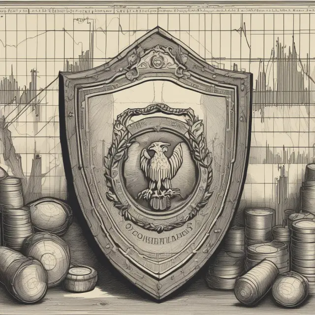 An image of a shield symbolizing pension funds and their LDI strategy, guarded by various hedging instruments to minimize liability risks in front of stock market charts