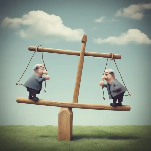 Pension Fund Balancing Risk and Returns: Manager adjusting a seesaw between liability and asset representation