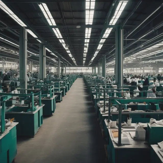 Factory operating at full production capacity with workers toiling under pressure