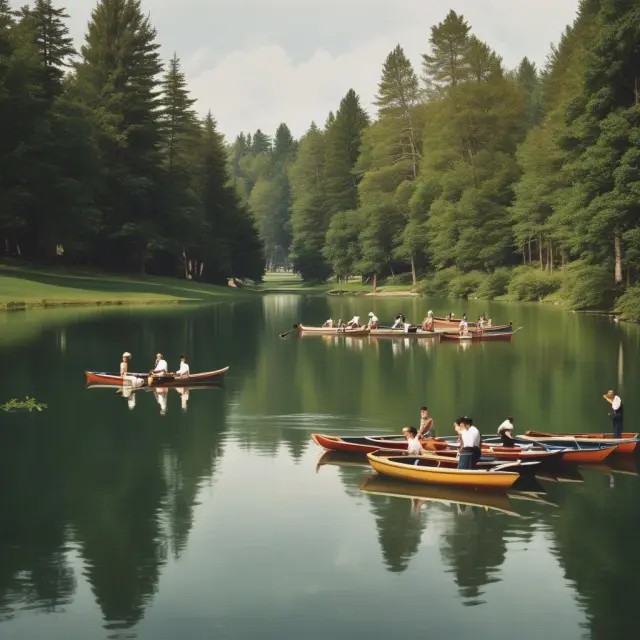 Serene lake with employees in boats, illustrating Country Club leadership