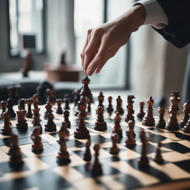 A diverse group of players harmoniously playing chess on an even grid, illustrating Team Leadership style.