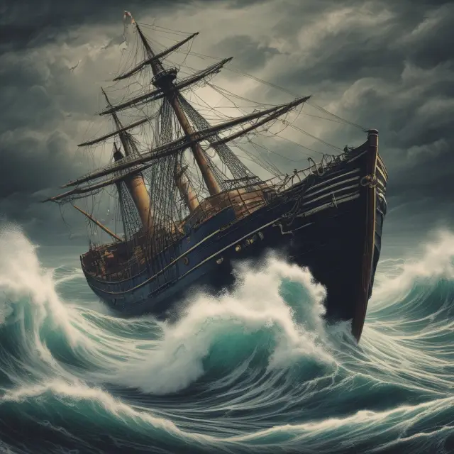 A rudderless ship navigating through stormy waves symbolizing negative traits: selfishness, anger, impatience, ruderness, inconsistency, micro-management, and incompetence.