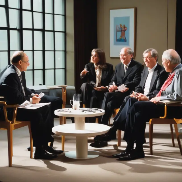 Jack Welch, Warren Buffett, Bill Gates, and Steve Jobs gathered around a roundtable, exchanging insights on influential business strategies.