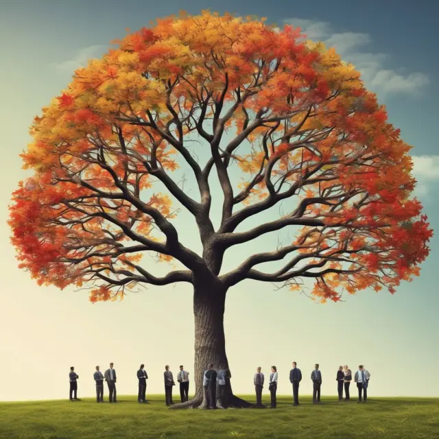 An ancient oak tree symbolizes effective business leadership, with employees represented by branches that grow and change in a flourishing work environment