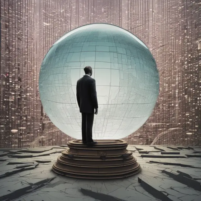 Economists examining crystal ball filled with leading indicators, including interest rates, inflation, and consumer confidence