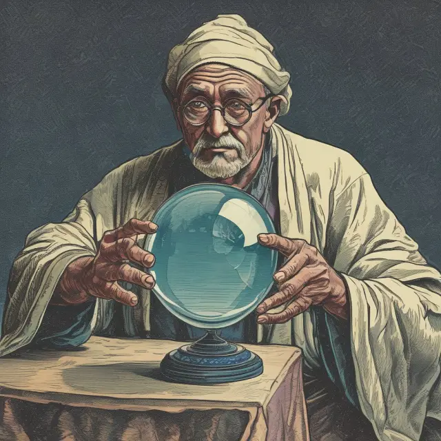 A soothsayer holding a crystal ball, symbolizing leading and lagging indicators