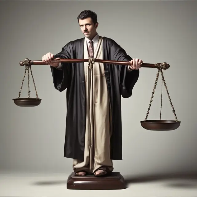 A lawyer in a robe balances leads and lags on scales, representing the fairness and legal implications of international transactions involving exchange rate strategies