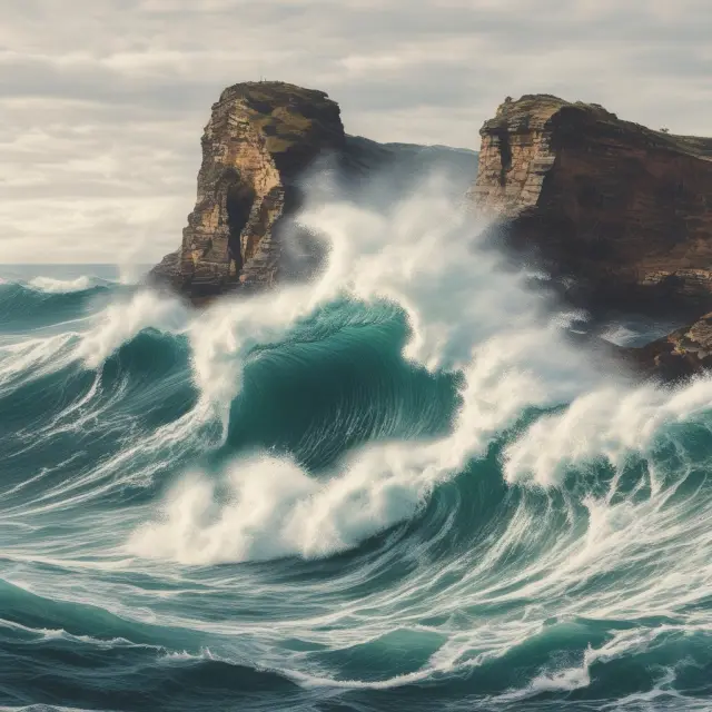Waves depicting currency exchange rates crashing against a cliff with a company sailing through, symbolizing the risks and potential gains from leads and lags strategies.